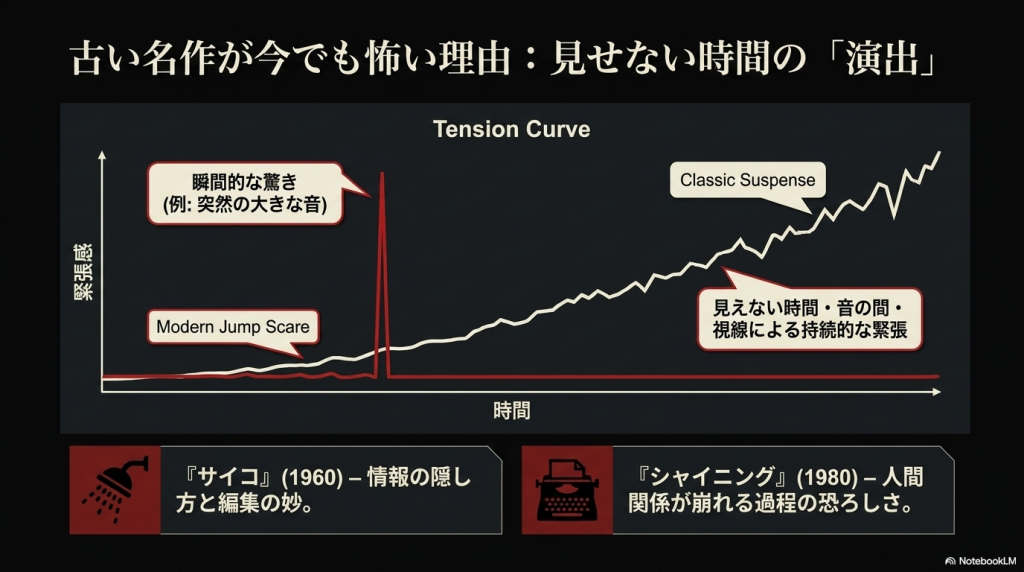 緊張感のグラフ。古い名作が今でも怖い理由：見せない時間の「演出」。瞬間的な驚きと、見えない時間・音の間・視線による持続的な緊張の比較。