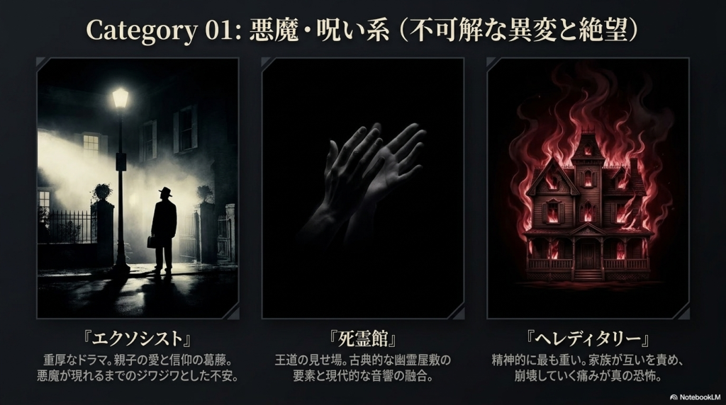 Category 01: 悪魔・呪い系（不可解な異変と絶望）。エクソシスト、死霊館、ヘレディタリーの作品紹介とイメージ画像。