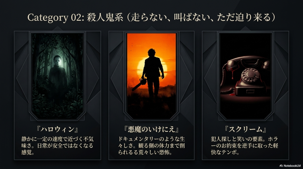 Category 02: 殺人鬼系（走らない、叫ばない、ただ迫り来る）。ハロウィン、悪魔のいけにえ、スクリームの作品紹介とイメージ画像。