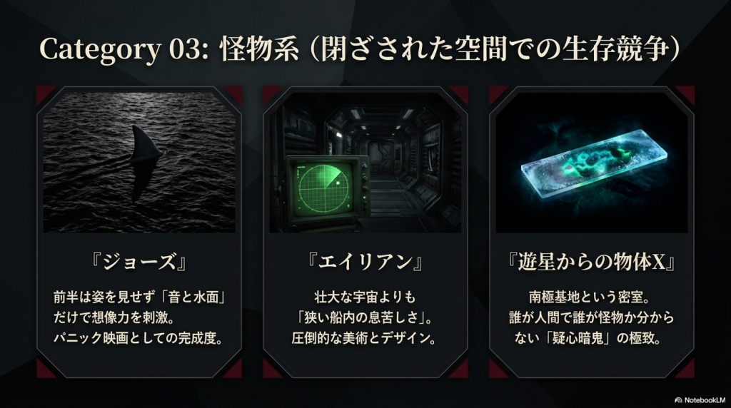 Category 03: 怪物系（閉ざされた空間での生存競争）。ジョーズ、エイリアン、遊星からの物体Xの作品紹介とイメージ画像。