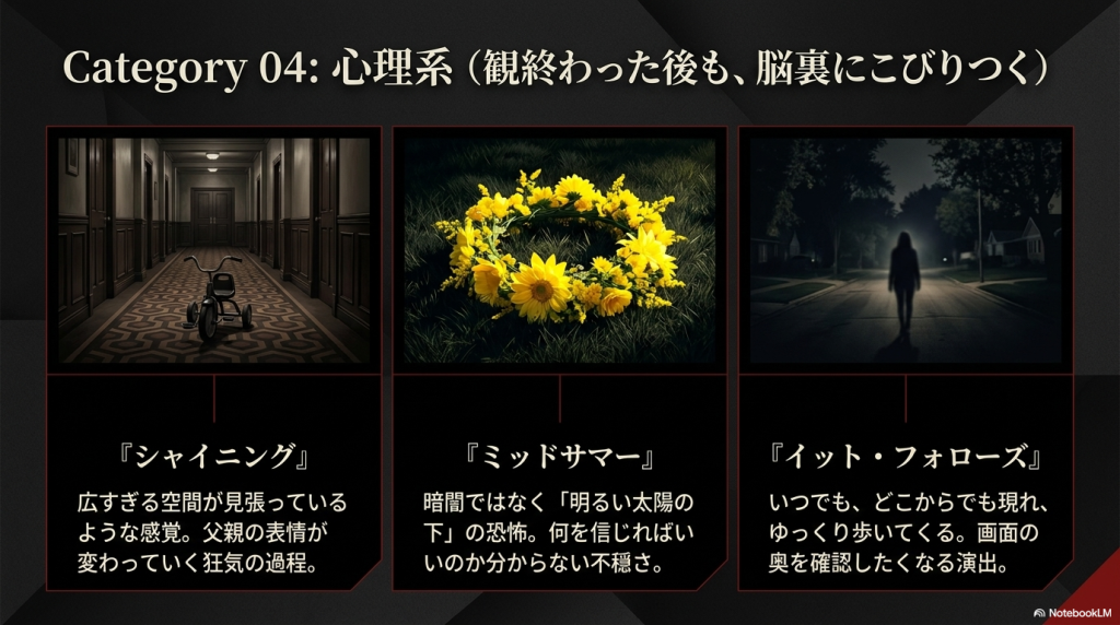 Category 04: 心理系（観終わった後も、脳裏にこびりつく）。シャイニング、ミッドサマー、イット・フォローズの作品紹介とイメージ画像。