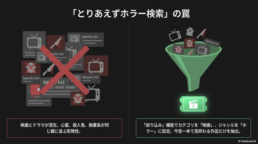 Huluで単に「ホラー」と検索すると、映画とドラマが混在して表示される注意喚起の図解