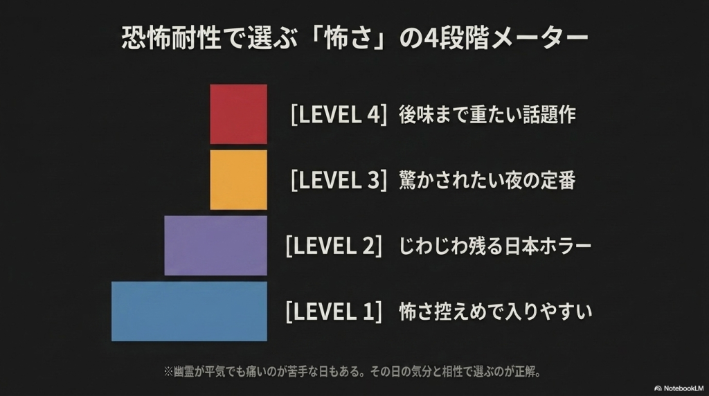 ホラー映画の怖さを「入りやすい」から「話題作」までの4段階に分類したメーター