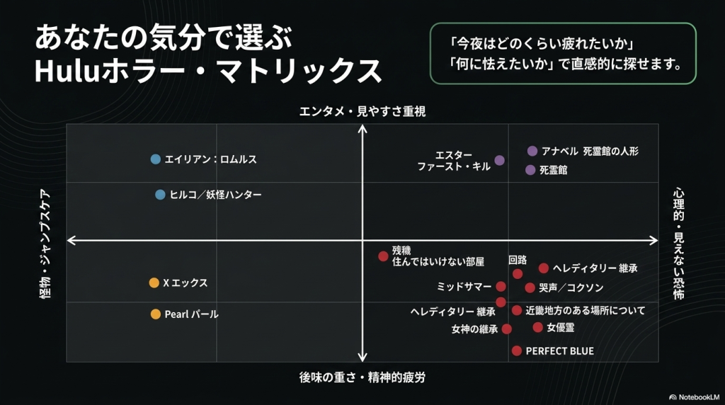 紹介したホラー映画を「エンタメ重視・精神的疲労」と「怪物・心理的恐怖」の軸で分類したマッピング図