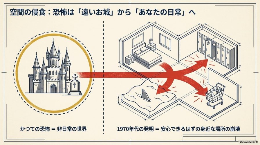 恐怖の舞台が非日常の世界から、現代の安心できるはずの身近な場所へと変化したことを説明するスライド。