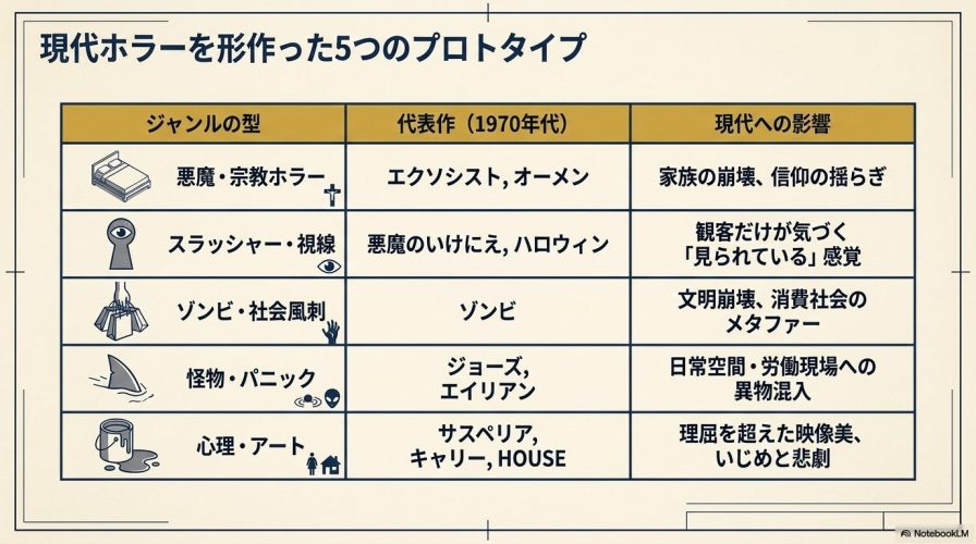 1970年代の代表的なホラー映画の型(悪魔・スラッシャー・ゾンビ・怪物・心理)と代表作、そして現代への影響をまとめた一覧表。