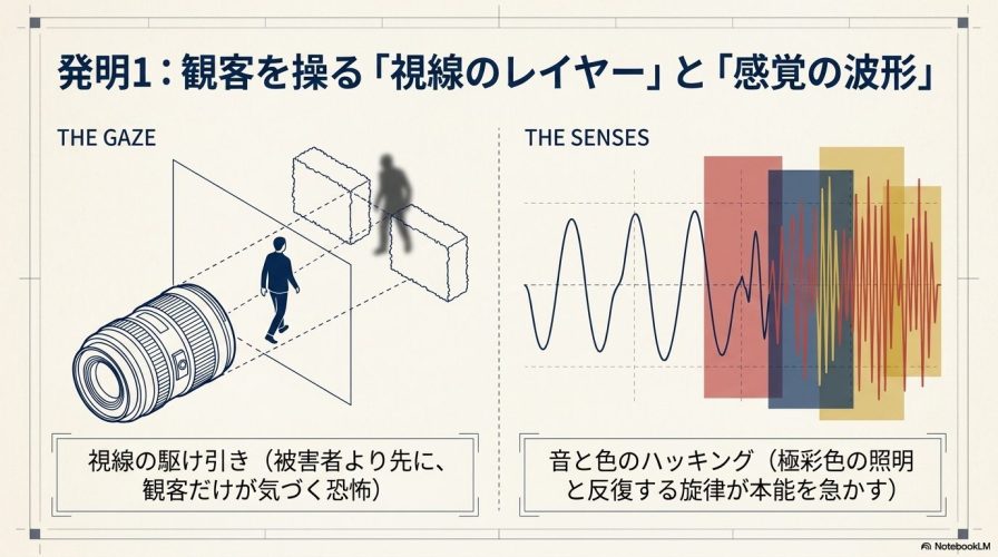カメラのレンズと生け垣に潜む人影のイラスト。観客だけが気づく視線の駆け引きや、音と色で本能を刺激する演出について解説した図。