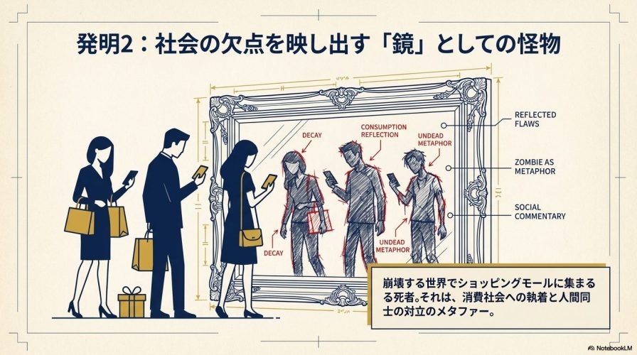 ショッピングモールでスマートフォンを見る人々が、鏡の中ではゾンビとして映し出されており、消費社会のメタファーであることを示すイラスト。