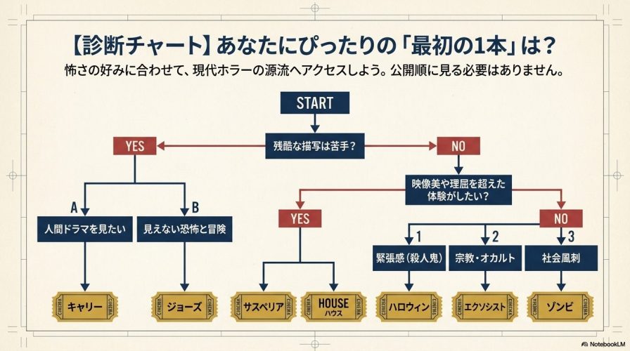 残酷な描写の耐性や求める体験の好みに応じて、『キャリー』『ジョーズ』『ハロウィン』など、最初に見るべきおすすめの1970年代ホラー映画がわかるフローチャート。