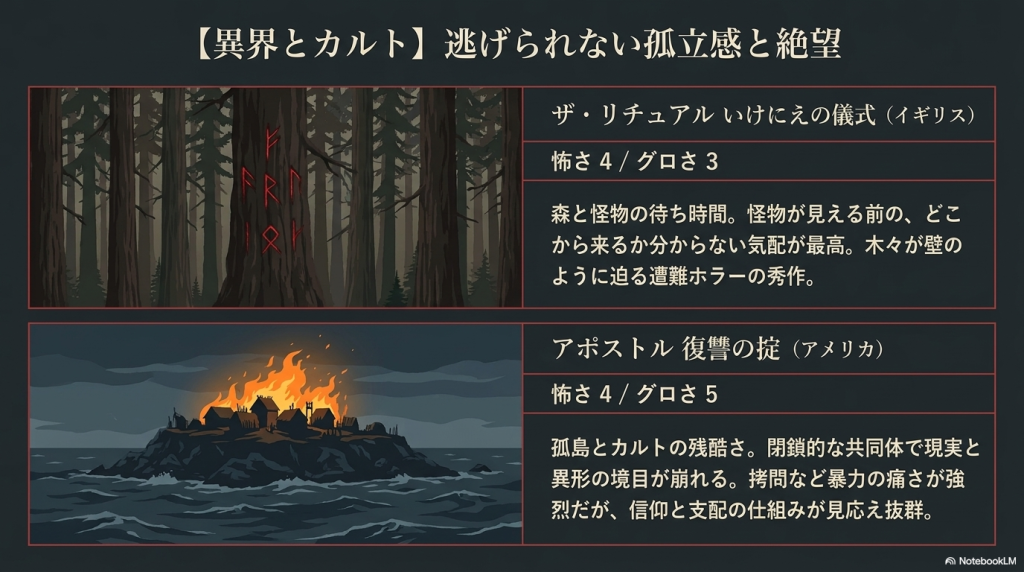 逃げられない孤立感と絶望を描く『ザ・リチュアル いけにえの儀式』と『アポストル 復讐の掟』の紹介スライド