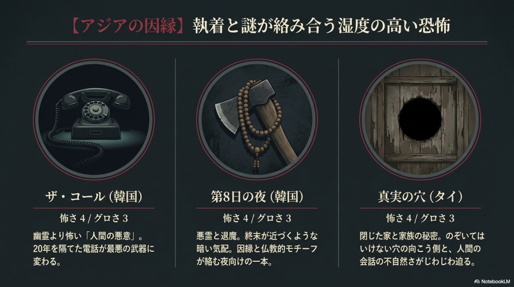 執着と謎が絡み合う『ザ・コール』『第8日の夜』『真実の穴』のアジアホラー3作品を紹介するスライド