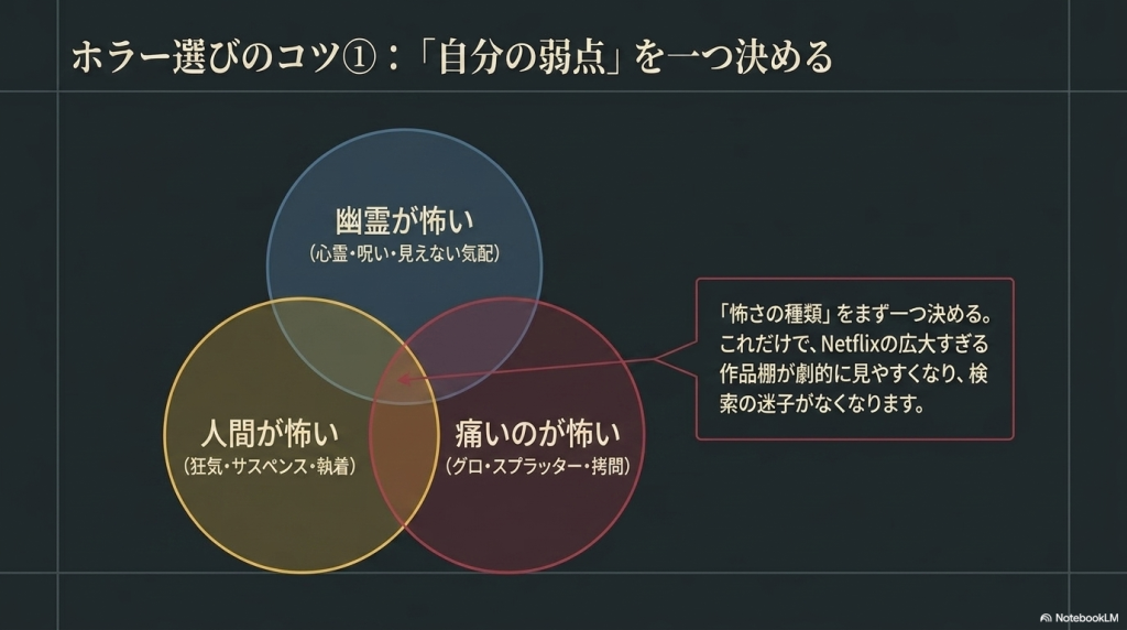 幽霊、人間、痛みのどれが怖いか、自分の弱点を一つ決めることで作品を選びやすくなるというアドバイススライド