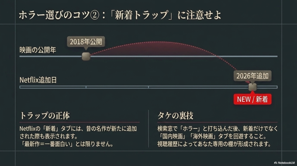 Netflixの新着タブには古い名作の追加も含まれるため、公開年と追加時期を分けて考えるべきという解説スライド