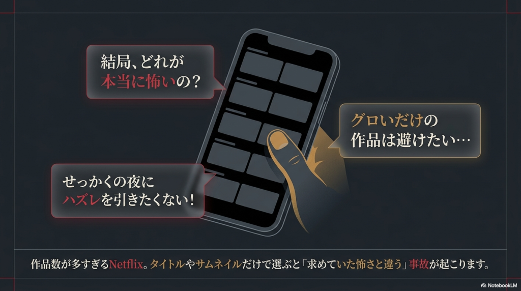 作品数が多すぎてどれが本当に怖いのか、グロいだけは避けたいと迷う視聴者の悩みを示すスライド