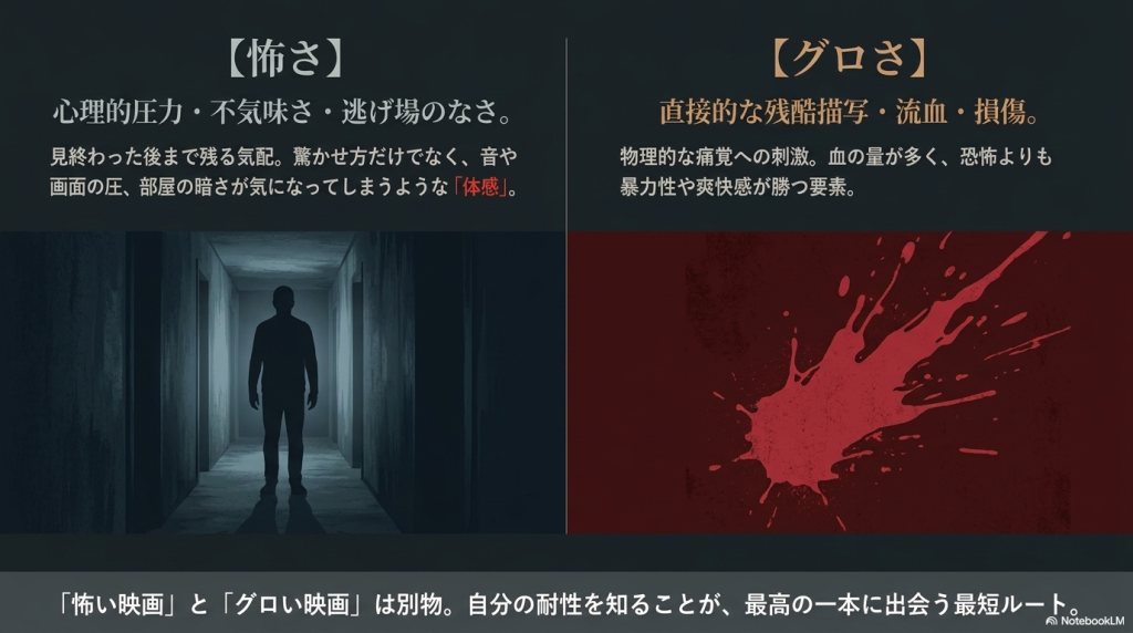 心理的圧力などの「怖さ」と、直接的な残酷描写などの「グロさ」を分けることの重要性を説明したスライド