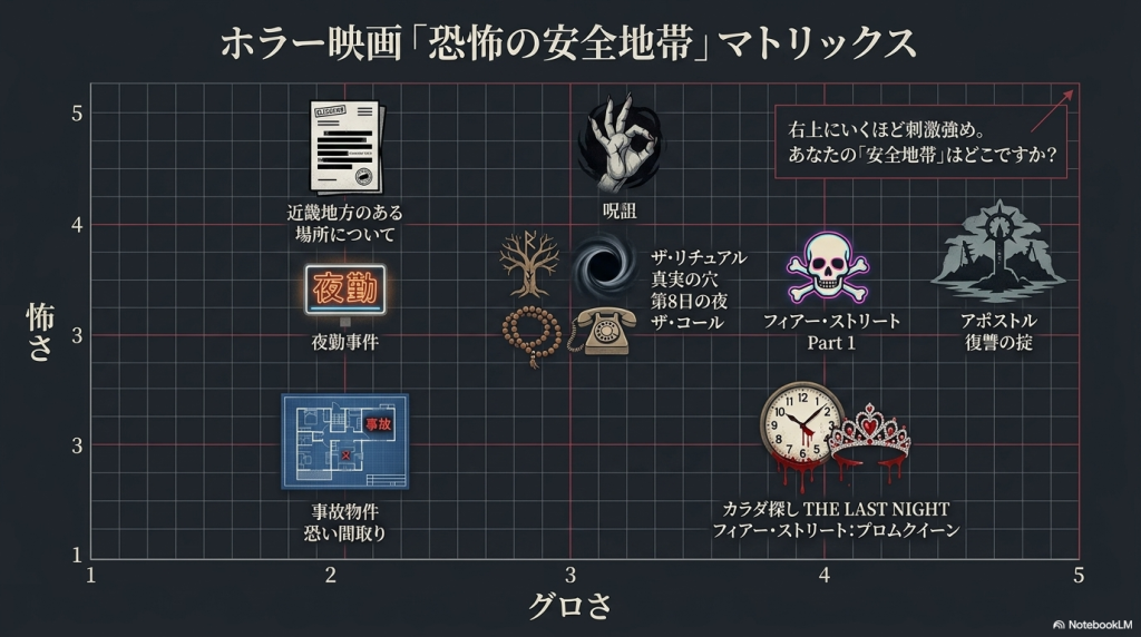 怖さとグロさの2軸でNetflixホラー12作品をマッピングした散布図