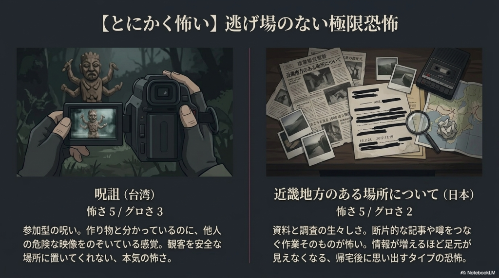 逃げ場のない極限恐怖として『呪詛』と『近畿地方のある場所について』を紹介するスライド