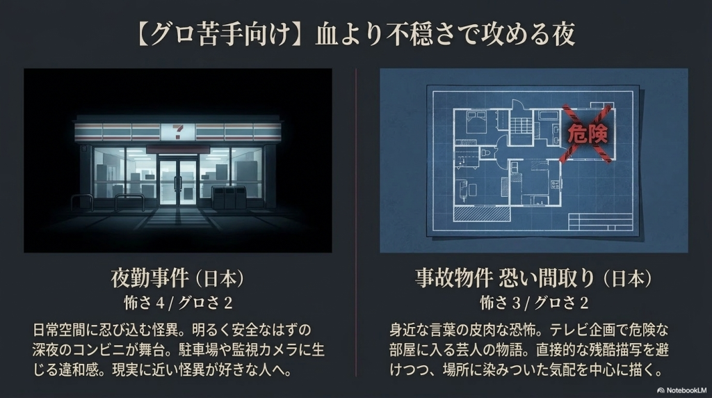 血より不穏さで攻める作品として『夜勤事件』と『事故物件 恐い間取り』を紹介するスライド