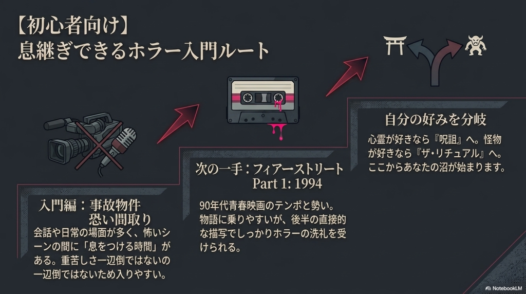 入門編の『事故物件 恐い間取り』から『フィアー・ストリート』へ進む、初心者向けのおすすめルートを示すスライド