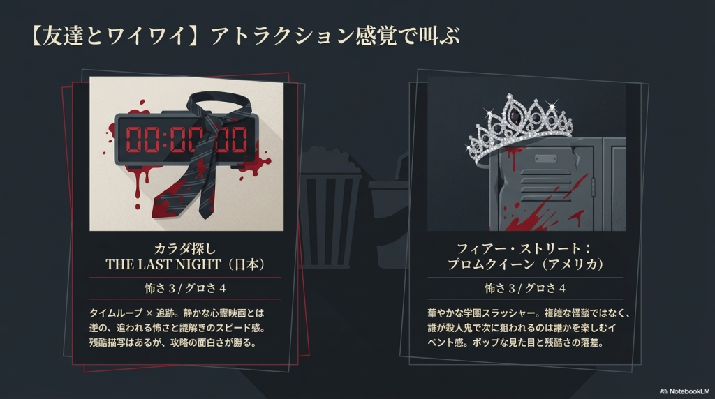 アトラクション感覚で楽しめる『カラダ探し THE LAST NIGHT』と『フィアー・ストリート：プロムクイーン』を紹介するスライド