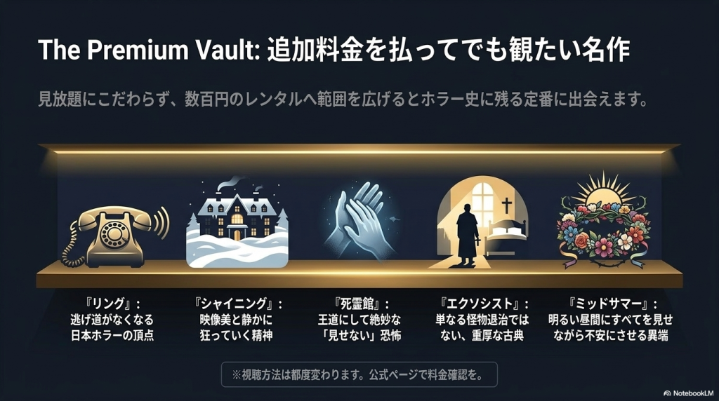 リング、シャイニング、死霊館、エクソシスト、ミッドサマーの5作品のイラストと見所をまとめたスライド。