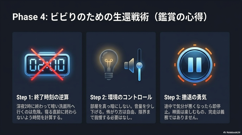 終了時刻の逆算、部屋を明るくする環境コントロール、無理せず途中で停止する撤退の勇気の3ステップを解説したスライド。