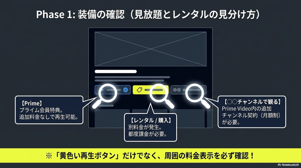 Prime Videoの画面で「Prime会員特典」「レンタル/購入」「追加チャンネル」のアイコンや表示位置を解説したスライド。