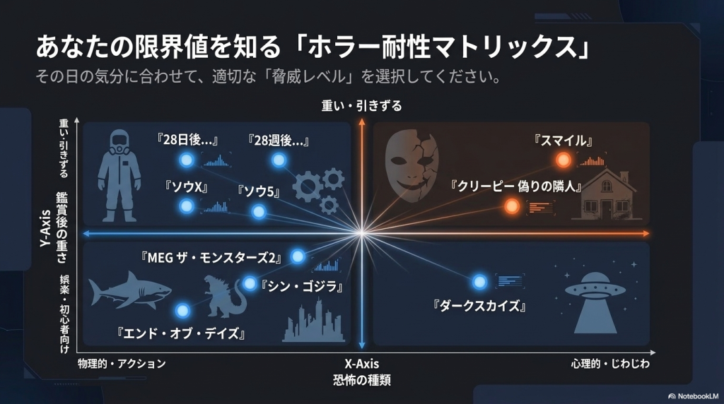 横軸「恐怖の種類（物理的/心理的）」、縦軸「鑑賞後の重さ」で各おすすめ映画の位置付けを示したマトリックス図。
