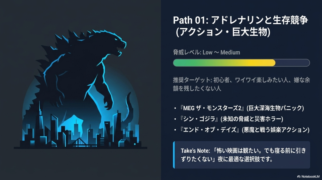 MEG2、シン・ゴジラ、エンド・オブ・デイズなど、寝る前に引きずらないアクション寄りホラーの紹介スライド。