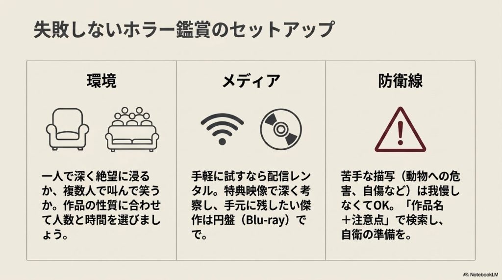 ホラー鑑賞を成功させるための3つのポイント(一人か複数かの環境、配信か円盤かのメディア、防衛線)をアイコン付きで解説した図解。
