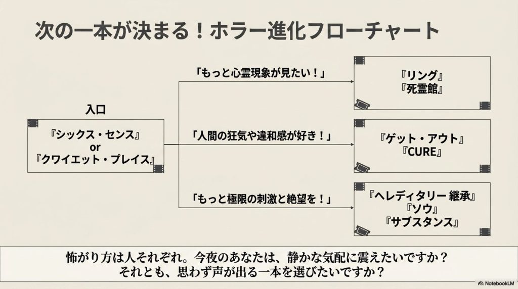 入口となる作品から始まり、心霊や狂気、極限の刺激などの好みに応じて次に見るべきおすすめ作品を導き出せるフローチャート図。