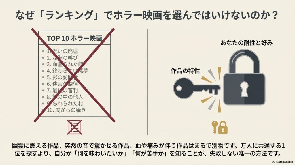 怖さ、グロさ、ジャンプスケア、後味の4つの評価軸について、アイコン(幽霊、メス、稲妻、雨雲)とともに解説した図解。