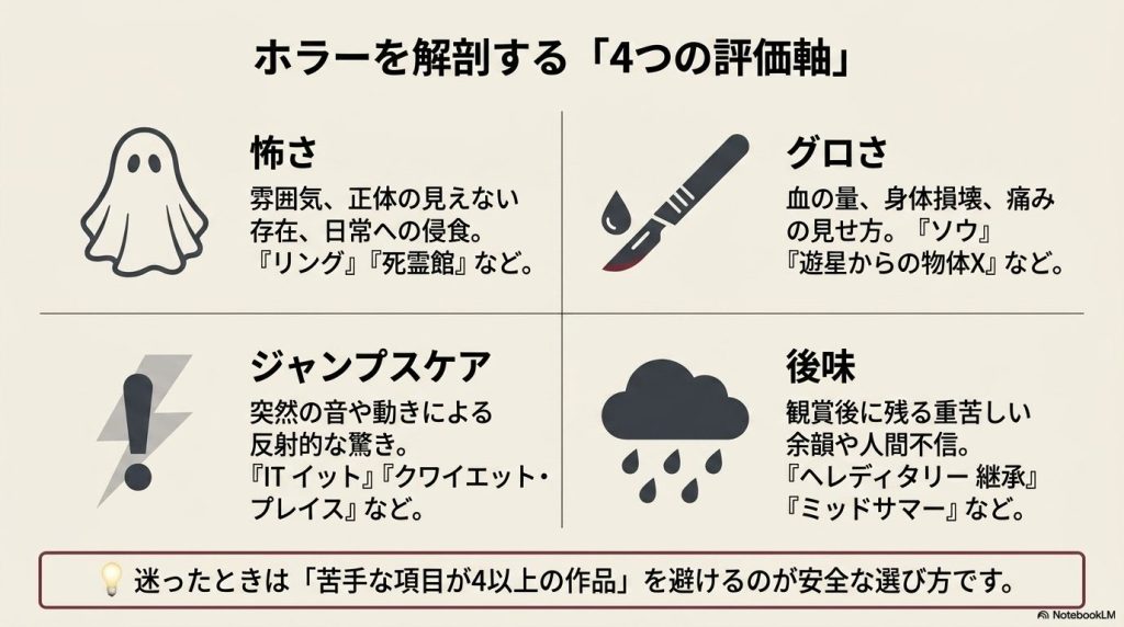 案内人タケを中心に、ストーリー重視派、絶叫エンタメ派、雰囲気・考察派、刺激追求派の4タイプの観客像と推奨作品を示した相関図。