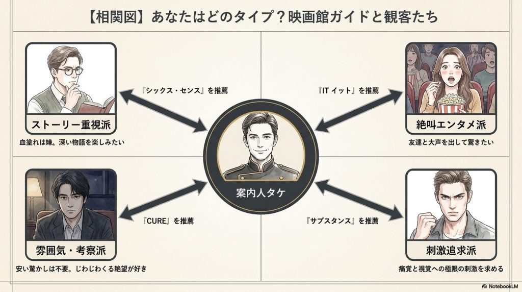 『シックス・センス』『クワイエット・プレイス』などの初心者向け5作品について、一言解説と4軸のレーダーチャート風アイコンが並んだリスト。