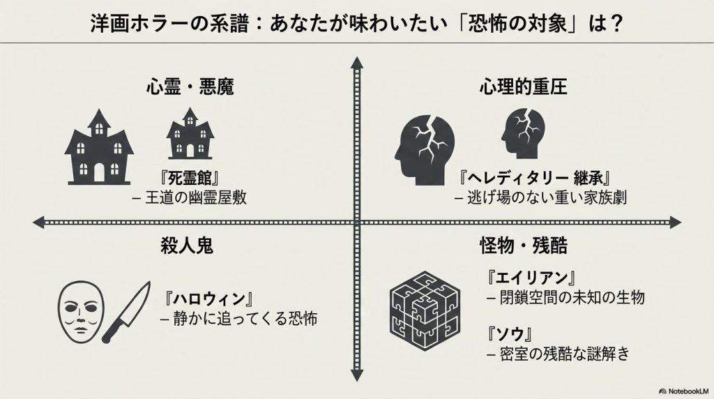 洋画ホラーを「心霊・悪魔」「心理的重圧」「殺人鬼」「怪物・残酷」の4つのカテゴリに分類したマトリクス図。