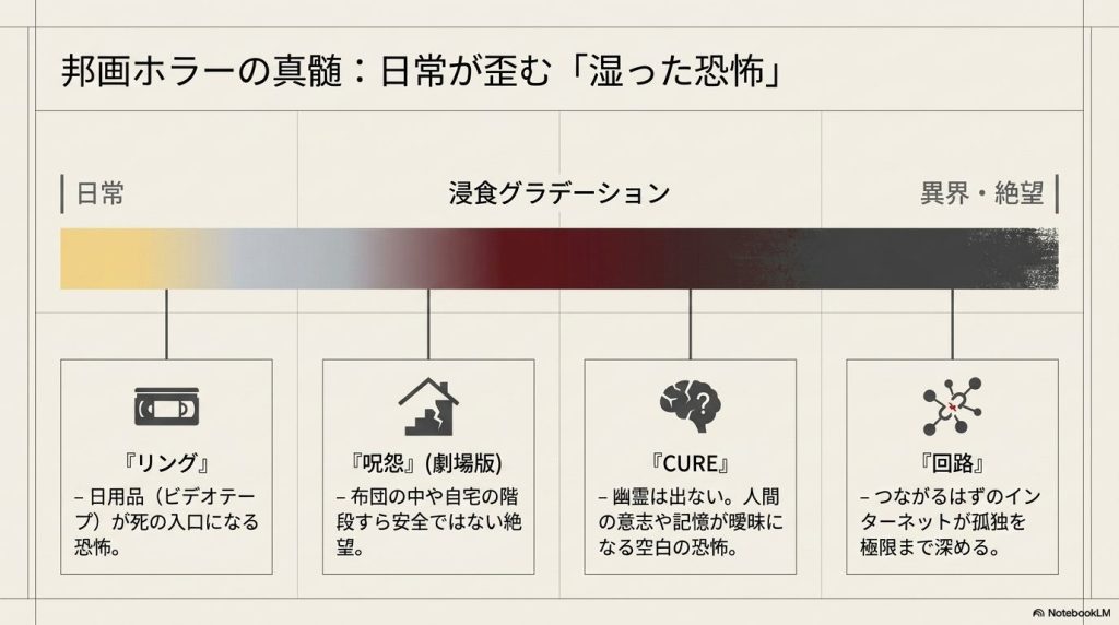 邦画ホラーの特徴である、日常から異界・絶望へと恐怖が浸食していくグラデーションを示した図解。
