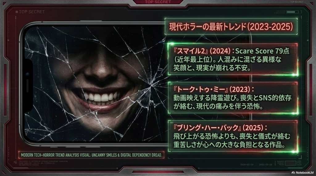 現代ホラーの最新トレンドをまとめたスライド。「スマイル2」「トーク・トゥ・ミー」「ブリング・ハー・バック」の3作品が解説されている。