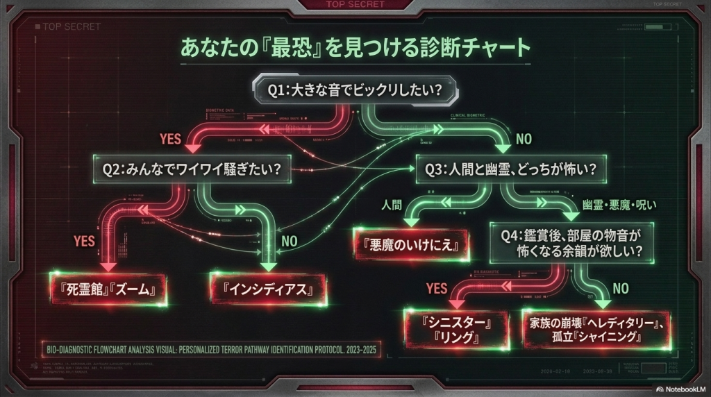 質問に答えていくことで自分に合った最恐ホラー映画を見つけられるフローチャート画像。