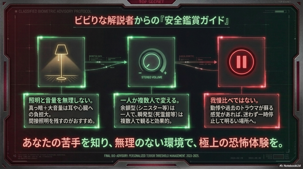 安全にホラー映画を鑑賞するためのガイド画像。「照明と音量を無理しない」「一人か複数人で変える」「我慢比べではない」といったアドバイスがまとめられている。