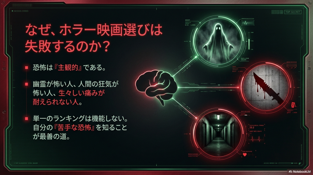 なぜホラー映画選びは失敗するのかを解説したスライド。「恐怖は主観的である」「自分の苦手な恐怖を知ることが最善の道」と記載されている。