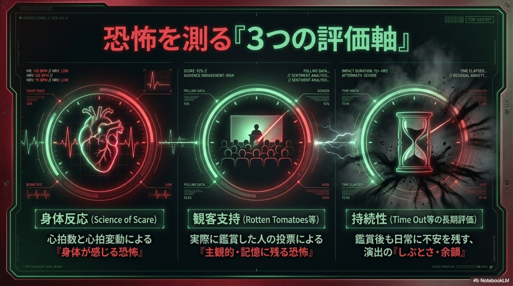 恐怖を測る3つの評価軸として、身体反応、観客支持、持続性を図解したスライド。
