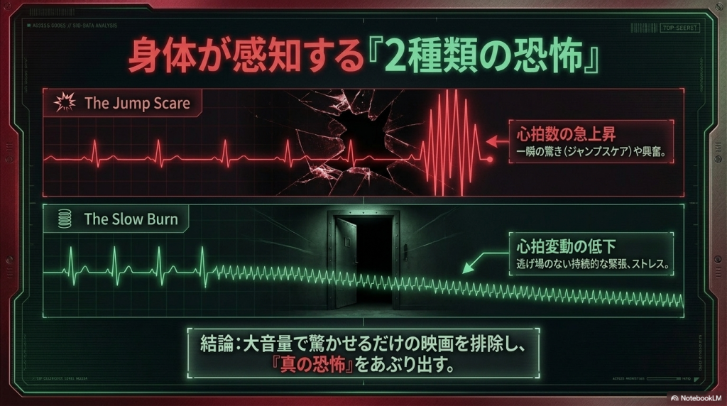 身体が感知する恐怖を、心拍数の急上昇による「一瞬の驚き」と、心拍変動の低下による「持続的な緊張」の2種類に分類して解説したスライド。