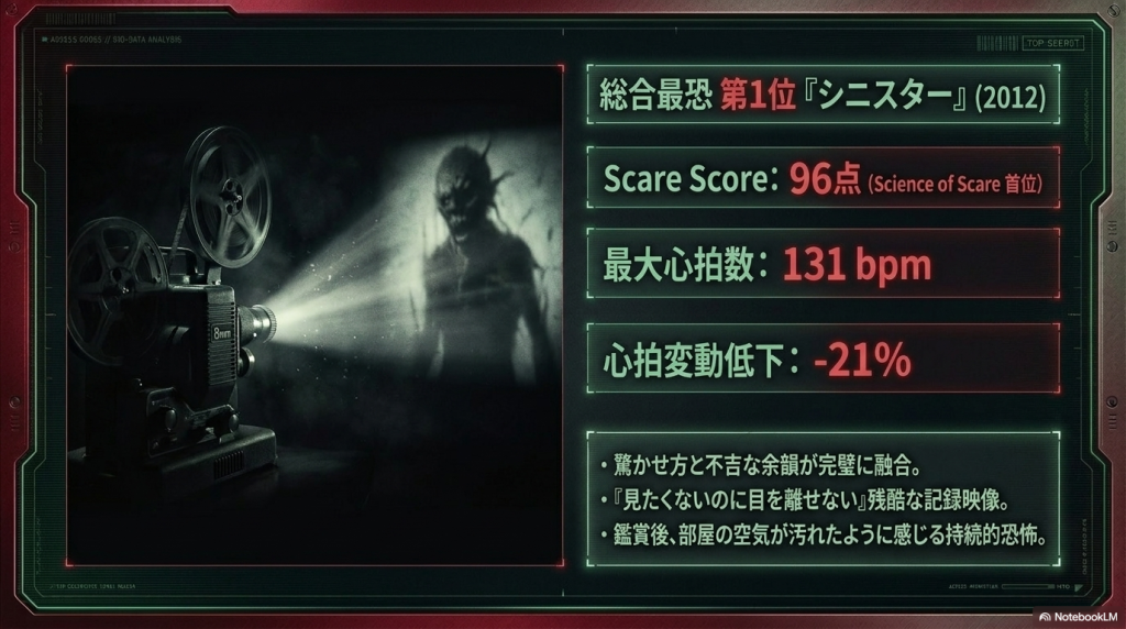 総合最恐第1位に選ばれた映画「シニスター」の評価スライド。Scare Score 96点などのデータが記載されている。