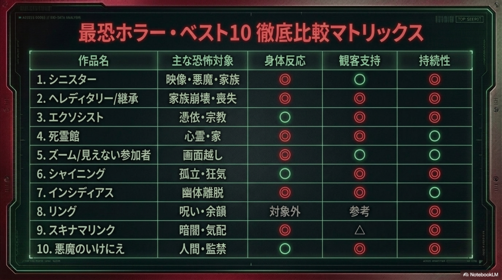 映画ベスト10作品ごとに、主な恐怖対象、身体反応、観客支持、持続性の評価をまとめたマトリックス表のスライド。