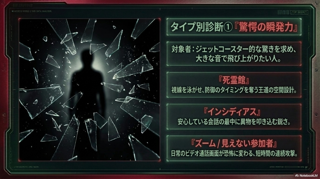 驚きを求める人向けのタイプ別診断スライド。推奨作品として「死霊館」「インシディアス」「ズーム／見えない参加者」が紹介されている。
