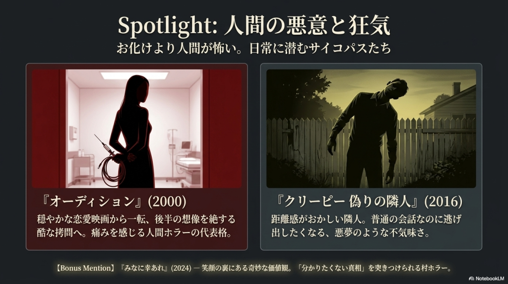 人間が怖い作品として『オーディション』『クリーピー 偽りの隣人』『みなに幸あれ』を紹介する画像。