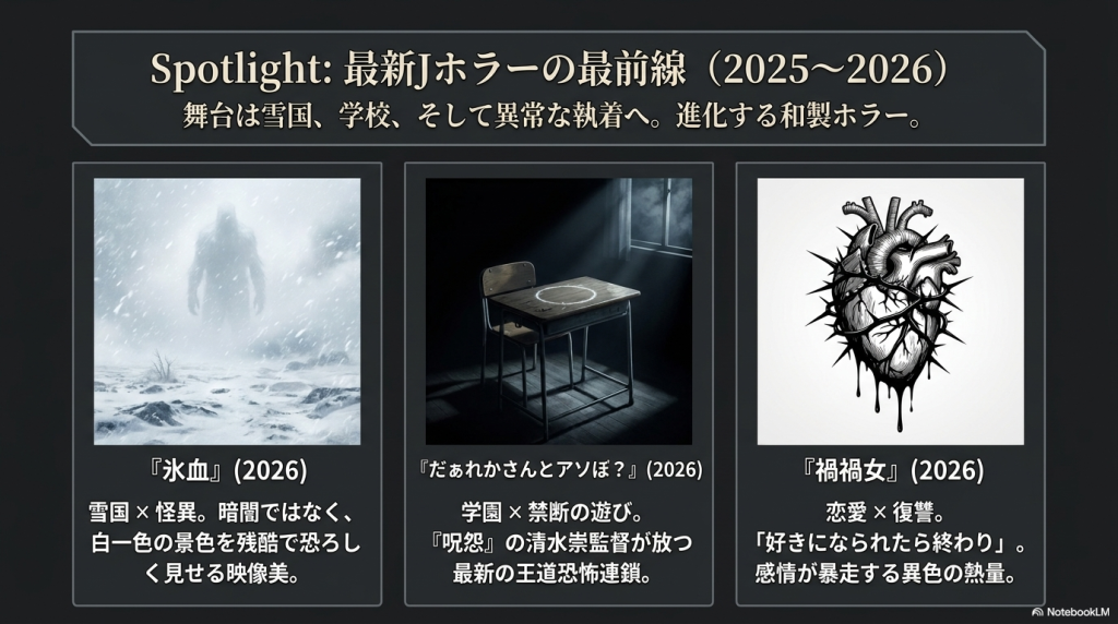 最新ホラーとして『氷血』『だぁれかさんとアソぼ？』『禍禍女』を紹介する画像。