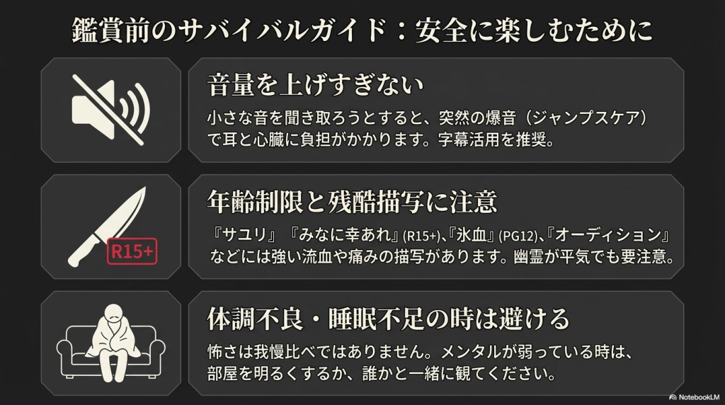 音量注意、年齢制限と残酷描写の確認、体調に合わせた鑑賞を促す注意喚起の画像。