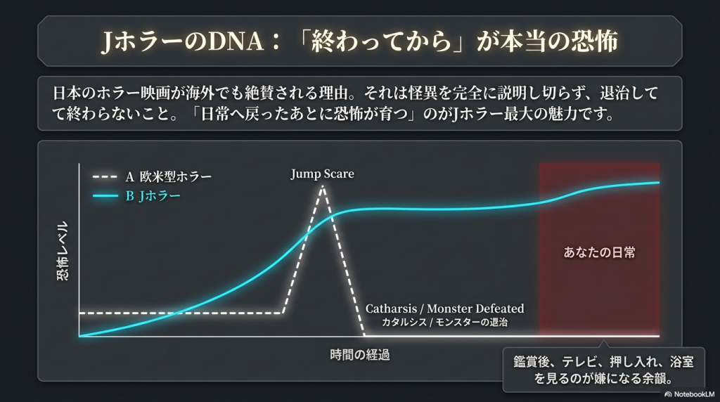 欧米型ホラーとJホラーの恐怖レベルの違いを示すグラフ。Jホラーは鑑賞後に日常へ戻ってから恐怖が続くことを説明している。  