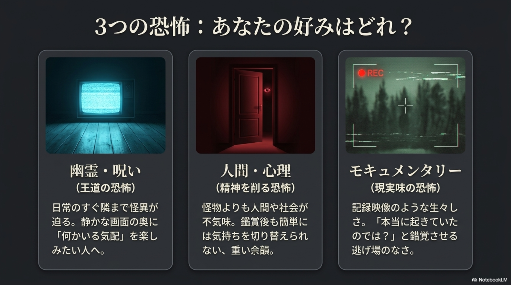 「幽霊・呪い」「人間・心理」「モキュメンタリー」の3つの恐怖タイプを解説した図解。